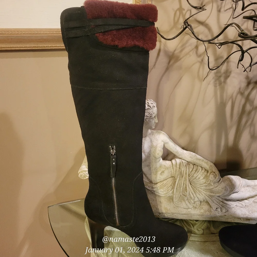 Ugg Ophira Suede Over The Knee Boots Lamb Fur Cuff Designer Heeled Boot #680